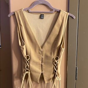 SHEIN Tan Lace-Up V-Neck Blouse